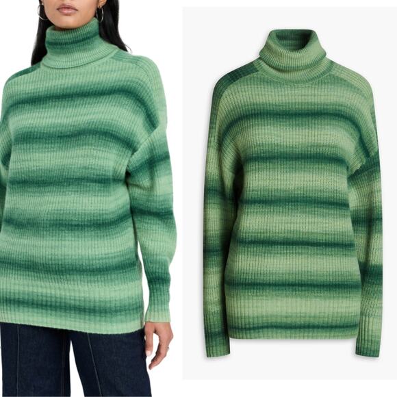Autumn Cashmere NWT Green Stripe Space Dye Shaker Turtleneck Sweater Wool Blend - Picture 1 of 15